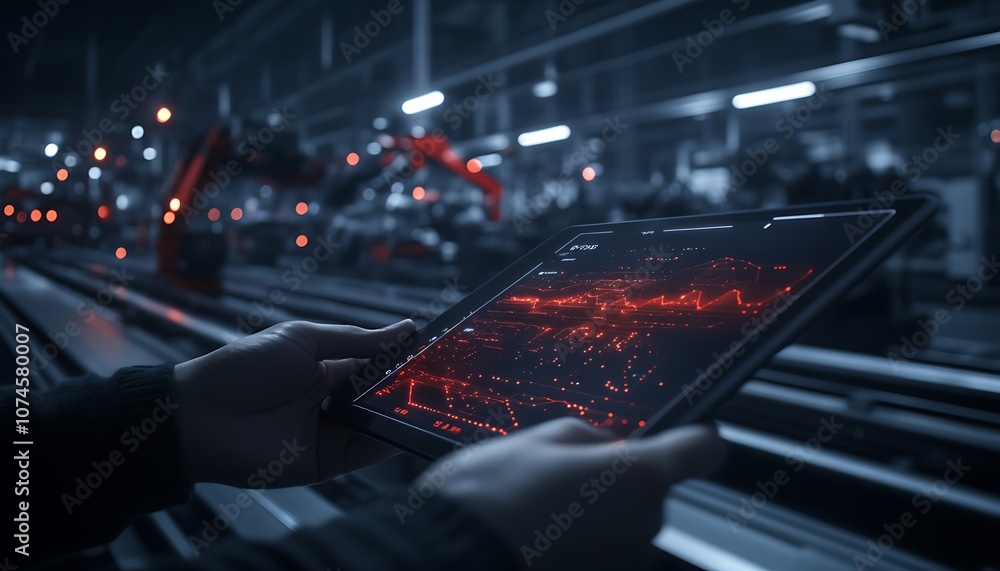 Leinwandbilder a person holds a tablet displaying data visualization in a high-tech industrial setting, with roboti