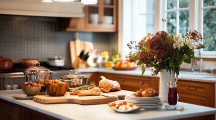 A cozy kitchen filled with delicious foods and fresh flowers during a family meal in the afternoon light