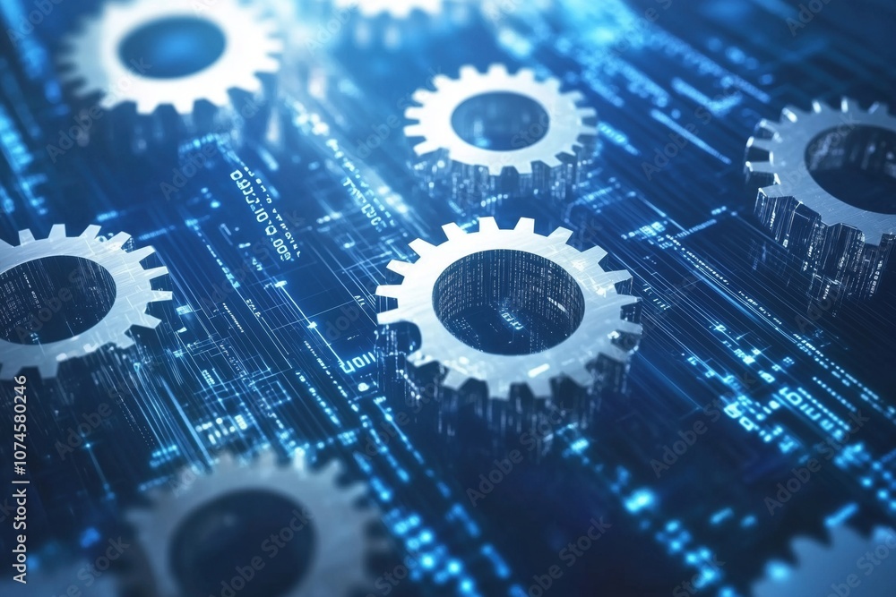 Poster gears on digital circuit background, representing technology and engineering