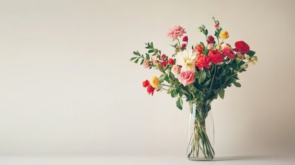 Naklejka premium A stylish glass vase brimming with a diverse selection of flowers is set against a smooth white background.