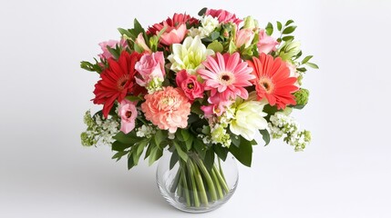 A stylish glass vase brimming with a diverse selection of flowers is set against a smooth white background.