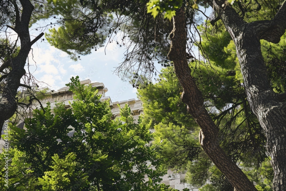 Poster a view of a building through dense tree branches, perfect for use in architecture or environmental d