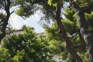 Fototapeta premium A view of a building through dense tree branches, perfect for use in architecture or environmental design projects