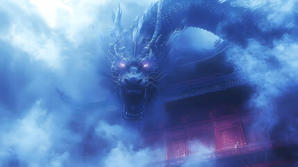 Mythical Dragon Illustration in Blue Sky with Clouds