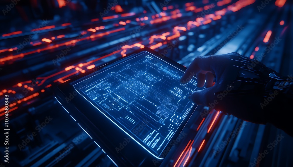 Aufkleber A futuristic hand interacts with a glowing digital interface, set against a backdrop of dynamic, illuminated data streams.