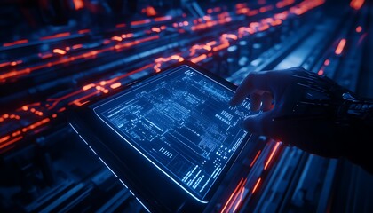 A futuristic hand interacts with a glowing digital interface, set against a backdrop of dynamic, illuminated data streams.