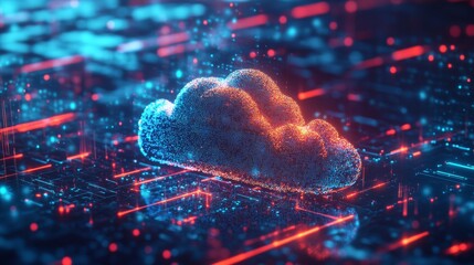 A vibrant digital cloud representation, illuminated by blue and orange light against a backdrop of abstract data patterns.