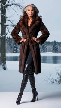 sexy and alluring middle aged mature beauty woman in fur coat and leather overknee or over the knee boots, cold winter season fashion, clothing