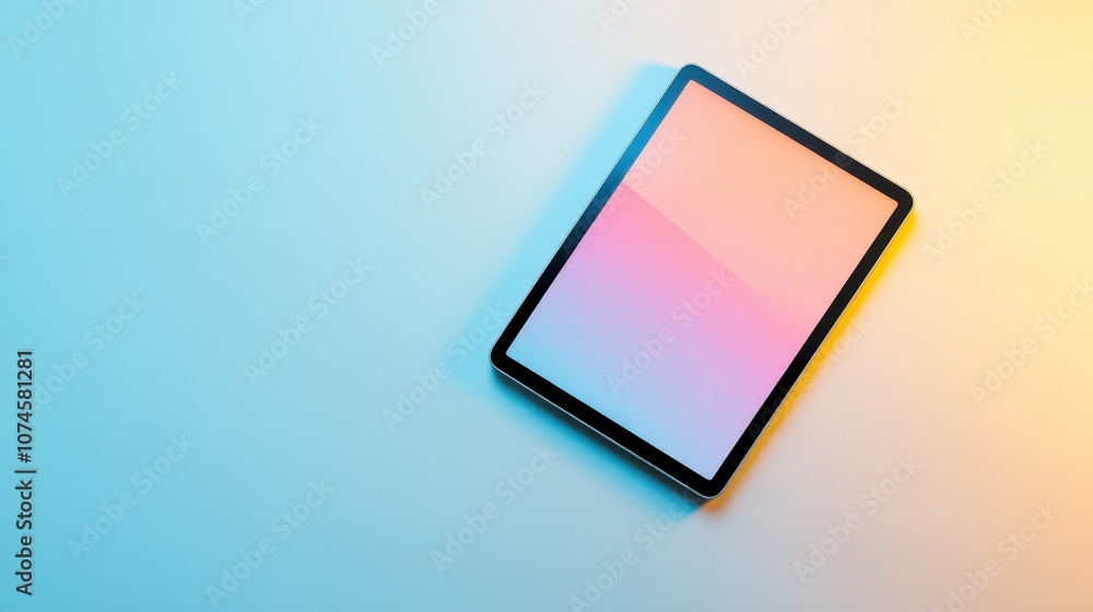 Poster a tablet with a stunning display rests on a clean white background, its sleek design and colorful sc