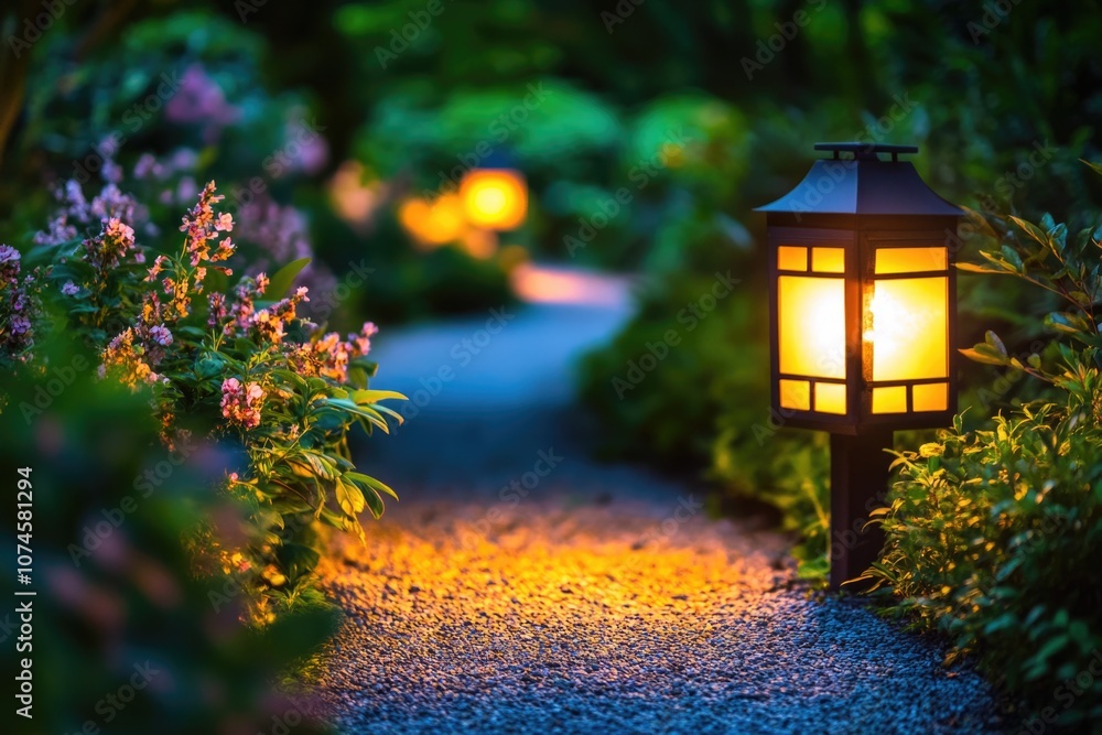 Poster a single light source illuminating a pathway, perfect for use in architectural or landscape illustra