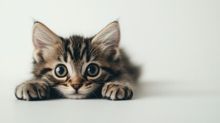 A sweet little kitten is lying on a smooth white background, its big eyes and tiny paws creating an irresistibly adorable image.