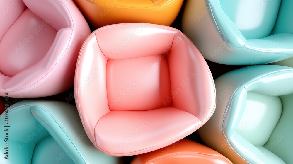 Poster a top view arrangement of pastel-colored chairs, creating an abstract composition with a repetitive 