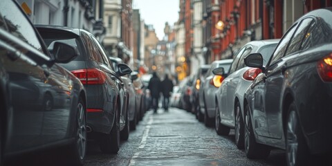 A busy city street lined with parked cars on both sides. The narrow alleyway invites exploration and captures urban life. The scene conveys a dynamic and vibrant energy. AI