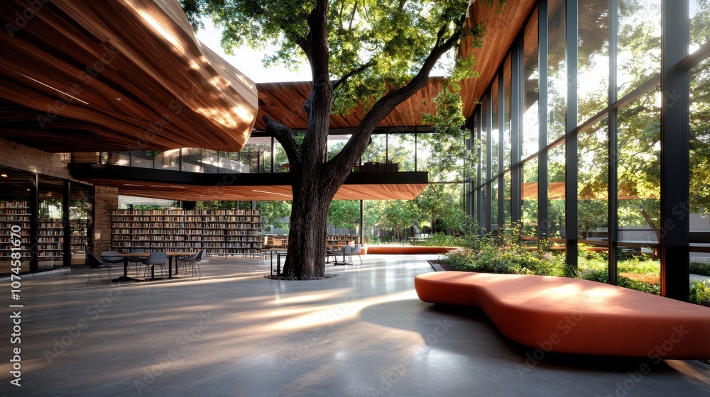 Poster a library featuring an impressive tree centerpiece, expansive windows allowing sunlight, and exquisi