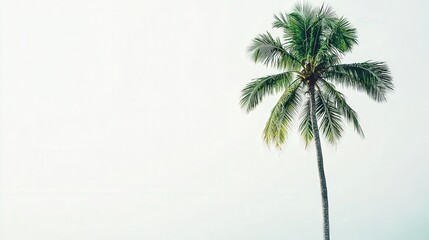 Obraz premium A tall coconut tree stretches toward the sky on a bright white background, its fan-like green leaves spreading out in contrast to the minimalist setting.