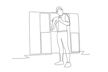 Men will change clothes in front of the gym lockers. Gym locker concept one-line drawing