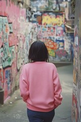 Fototapeta premium A woman walking in an urban setting, surrounded by graffiti and city atmosphere