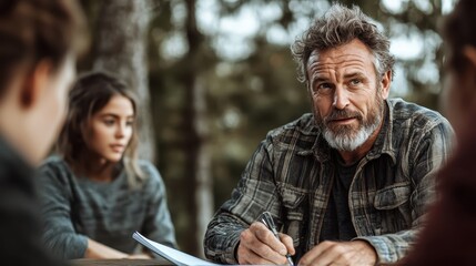 An older man with a beard in a plaid shirt is writing or drawing while conversing with two people in an outdoor setting, suggesting creativity and mentorship.