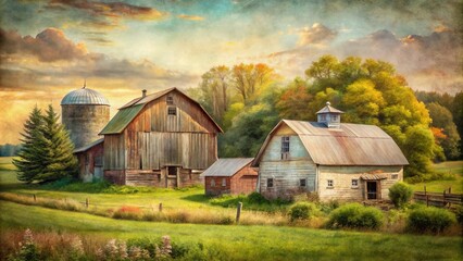 Obraz premium Vintage Style Photography of Watercolor Old Barns in Serene Landscapes Capturing the Charm of Rural Life and Nostalgia with Soft Hues and Rustic Details for Timeless Decor