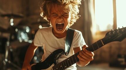 An enthusiastic child with wild hair passionately playing an electric guitar, mouth wide open in excitement, capturing the essence of rock and roll spirit.