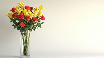 Fototapeta premium A tall glass vase filled with a striking bouquet of flowers rests on a smooth white background.