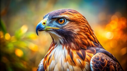 Vintage Style Portrait of a Red-tailed Hawk Amidst a Blurred Background of Trees and Sky, Capturing the Majestic Beauty of Nature in a Timeless Aesthetic