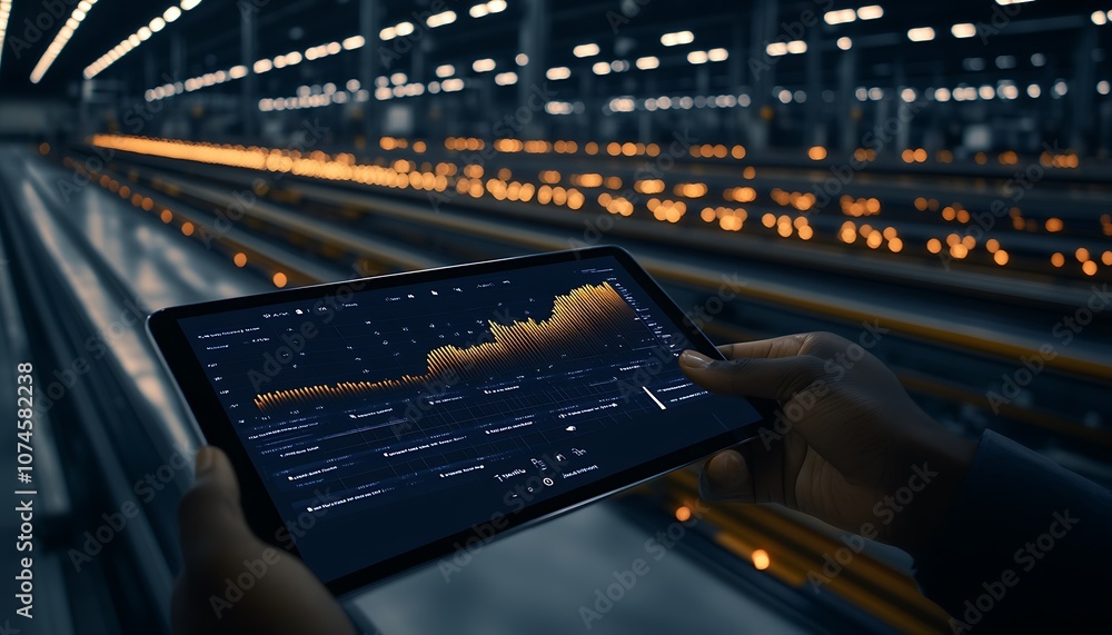 Poster A person analyzes data on a tablet in an industrial setting, with illuminated machinery and data visualizations in focus.