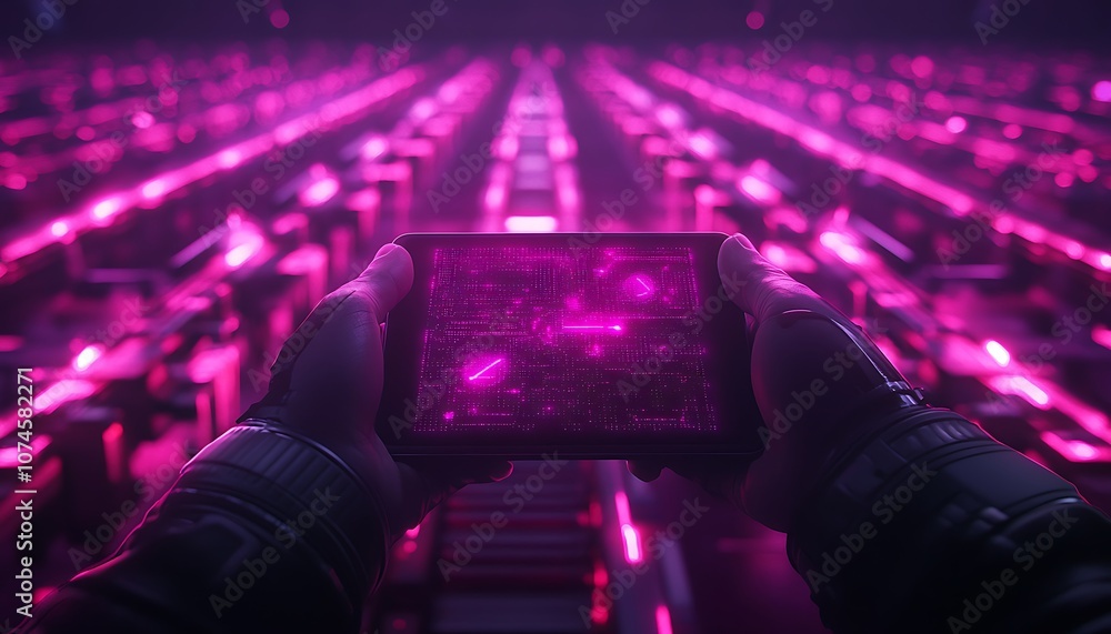 Poster a futuristic hand-held device displays vibrant cosmic imagery amidst rows of illuminated technology,