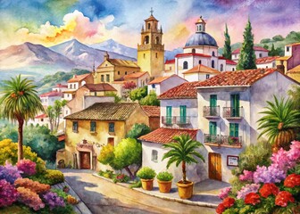Obraz premium Vintage Style Watercolor Art: Delicate Brushstrokes Capturing the Essence of Spanish Culture and Landscape in a Timeless Aesthetic