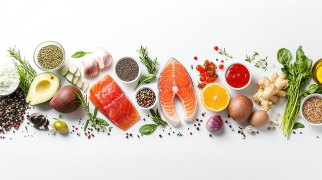 A variety of fresh and nutritious foods from the five essential food groups is placed on a transparent white background