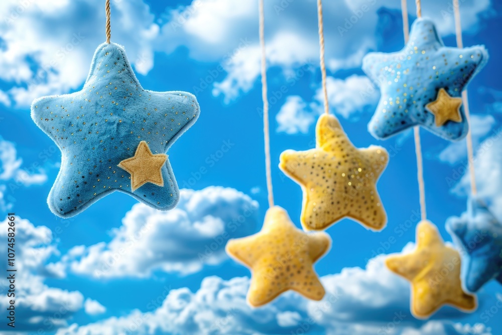 Poster a group of stars hanging from strings in the sky