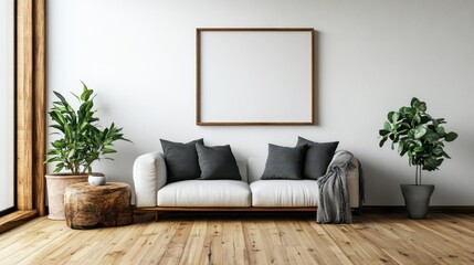 An elegant living room casting tranquility with a comfy sofa adorned with black pillows, surrounded by greenery and artistic decor within a spacious environment.