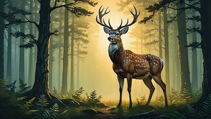 Majestic deer standing in a misty forest at sunrise.