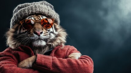A tiger dons a red jacket and cozy beanie hat, exuding an air of coolness and sophistication with a playful twist, blending fashion with fierce natural beauty.
