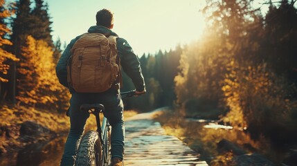 A cyclist with a backpack pedals into a scenic autumn woodland via a wooden path, encapsulating adventure, exploration, and a connection with nature's serene beauty.