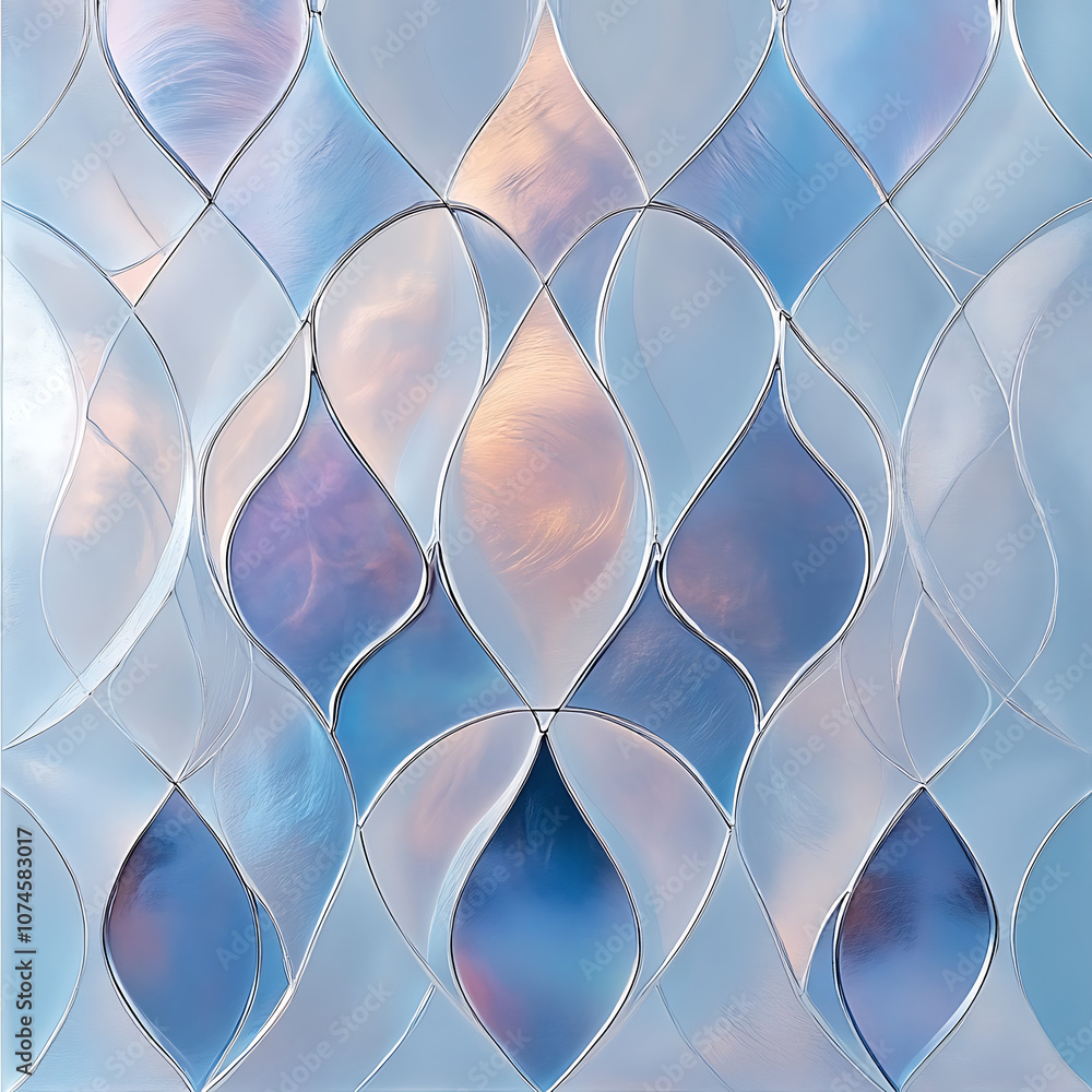 Poster futuristic airy pattern featuring abstract shapes in blue and silver tones, creating serene and eleg