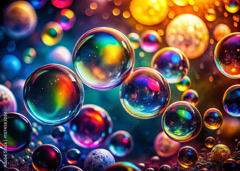 Poster vivid abstract macro photography of circles and bubbles on a colorful background with soft blur, sho