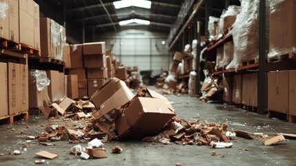 A spacious warehouse is seen with broken cardboard boxes scattered across the floor, conveying a sense of disarray and the aftermath of hurried activity.