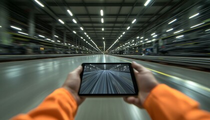 A person holds a tablet displaying a view of a vast warehouse, showcasing a modern industrial environment illuminated by bright lights.