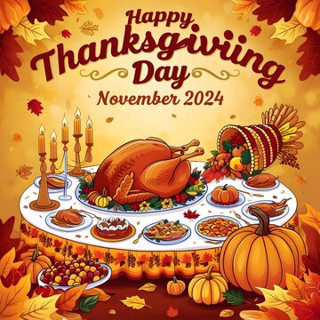 a vibrant and cozy autumn-themed illustration of a joyful Thanksgiving Day celebration, set against a warm golden background, with a large, beautifully decorated table at its center, laden with a dele