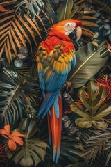 Fototapeta premium Colorful parrot perched on lush green foliage, perfect for nature or wildlife-themed designs