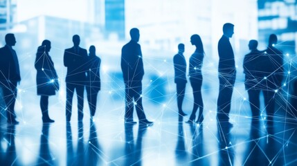 Silhouettes of business people in a futuristic setting, with a transparent digital overlay suggesting connectivity and networking.