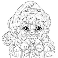 Cat in a Santa hat.Coloring book antistress for children and adults. 