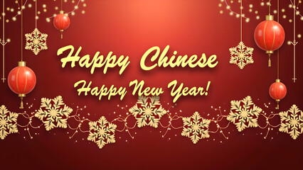 Happy Chinese New Year greeting card with red lanterns, gold snowflakes, and red background