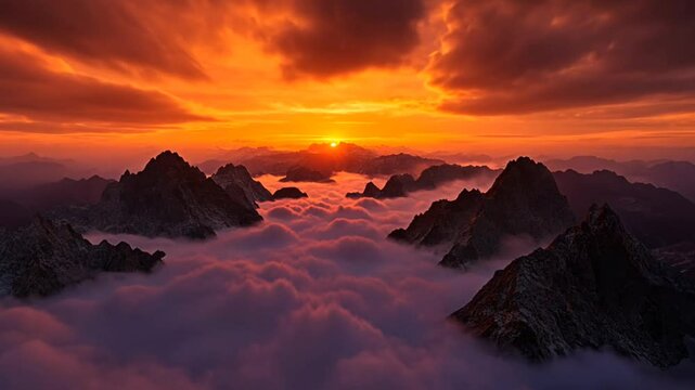 Breathtaking sunset over a sea of clouds with majestic mountain peaks silhouetted against the fiery sky.