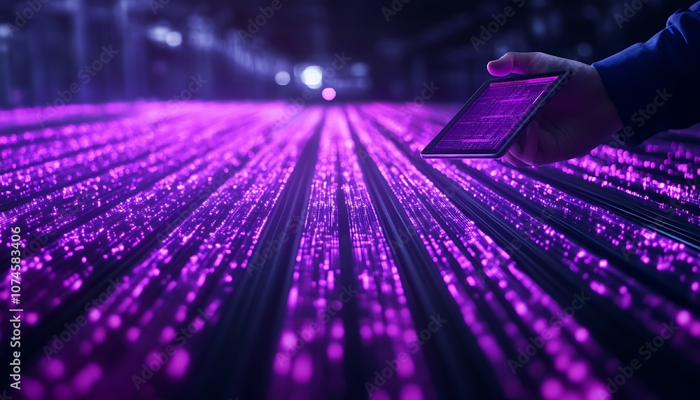 Poster a hand holds a smartphone above a glowing purple surface filled with vibrant lights, suggesting a hi