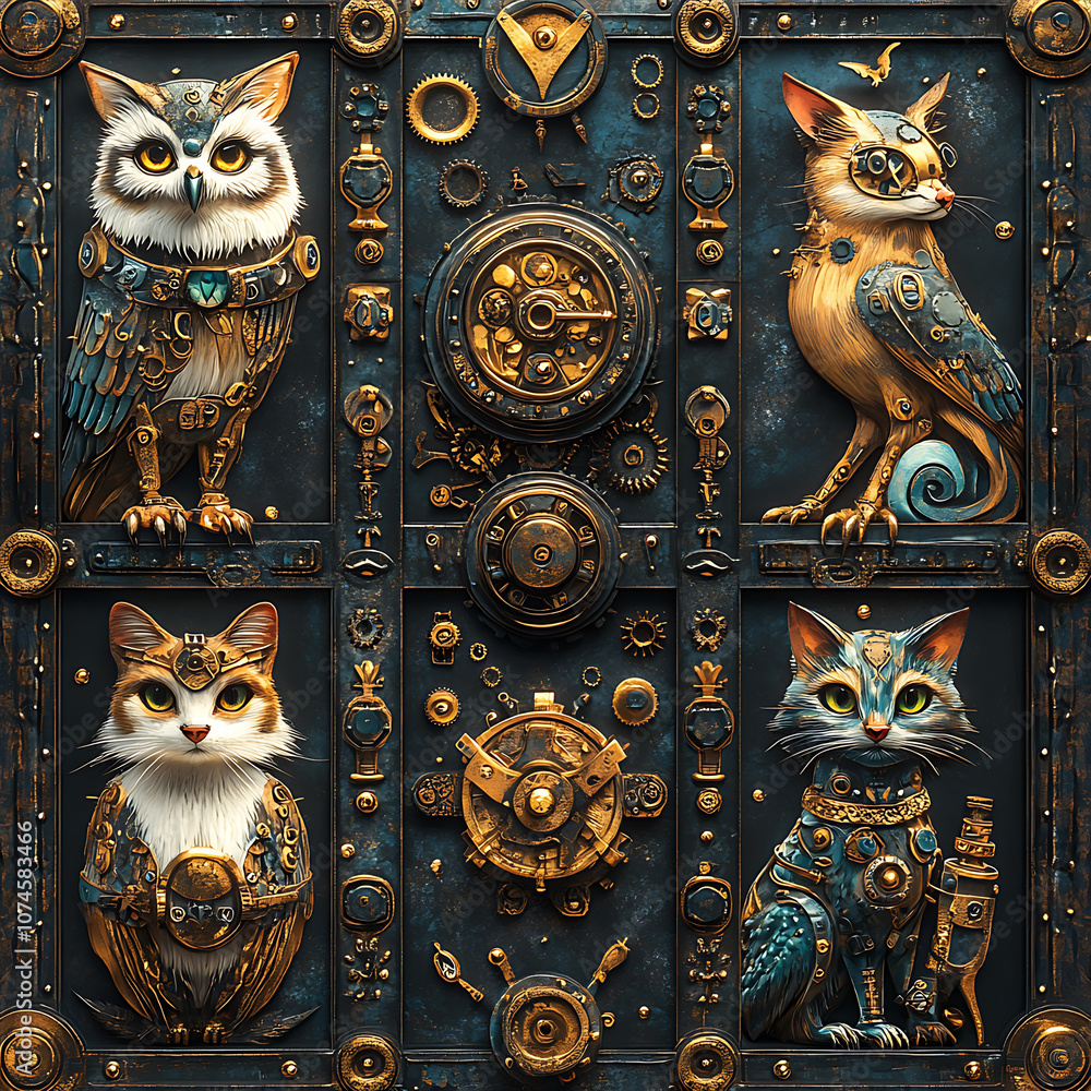 Poster steampunk inspired pattern featuring mechanical animals like owls and cats, adorned with gears and i