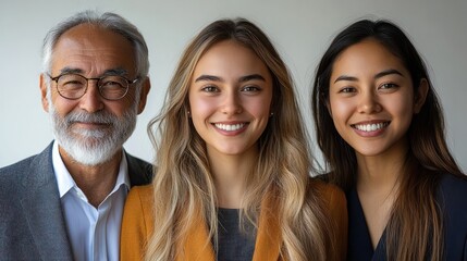 Multigenerational, multicultural business team portrait, including youth and seniors, isolated, white background