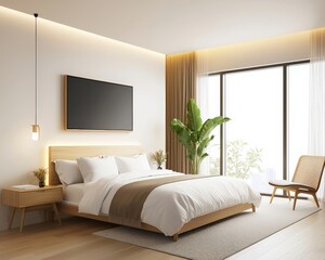 A bedroom with a large bed, a television, and a potted plant