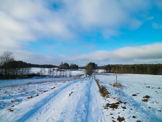 Offroad over Kashubian country area in winter. Poland.